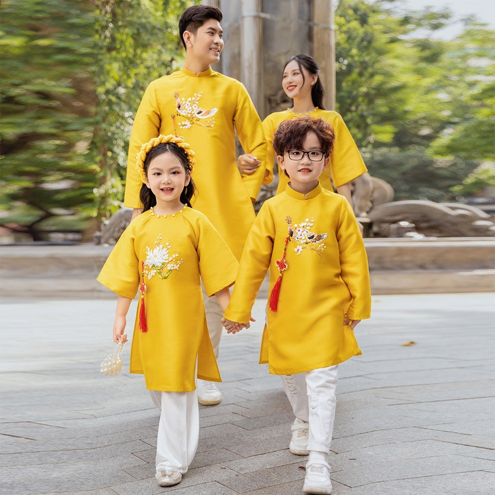 Áo dài bé trai thêu kết ruy băng thủ công chim yến vải taffeta giữ form tốt mặc mát MamLa
