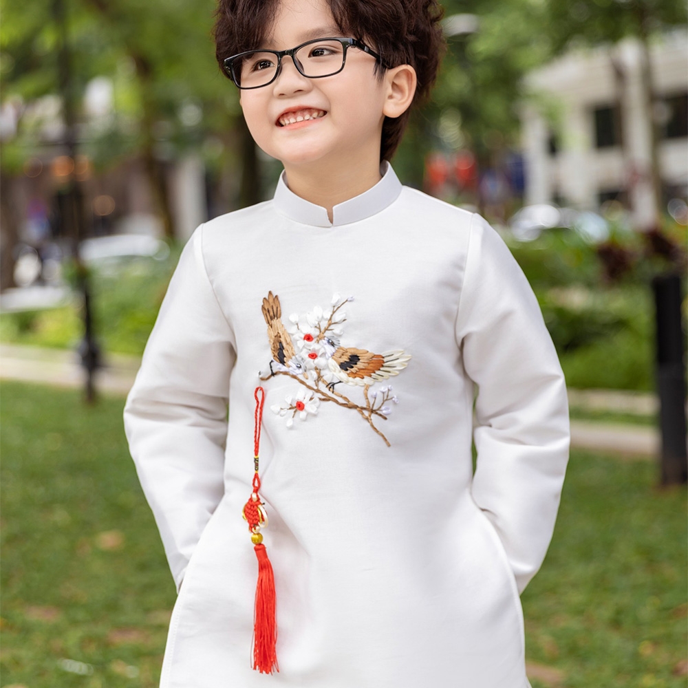 Áo dài bé trai thêu kết ruy băng thủ công chim yến vải taffeta giữ form tốt mặc mát MamLa