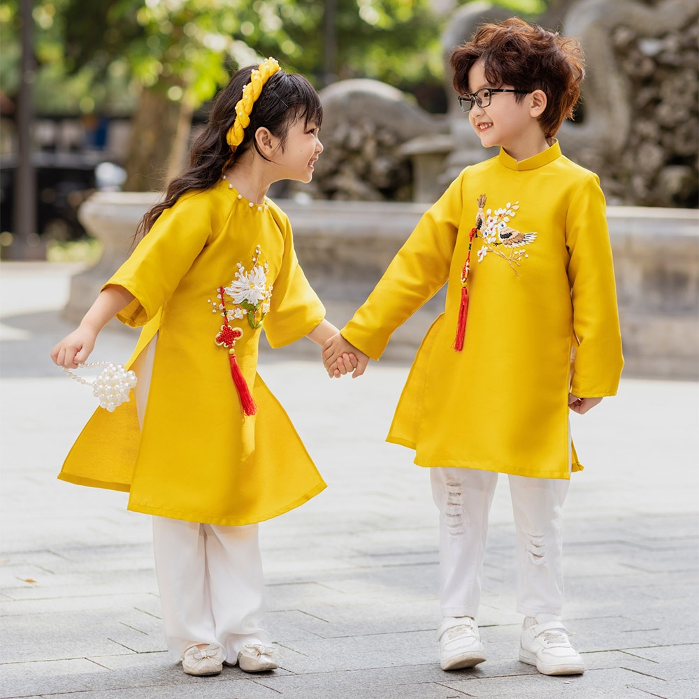 Áo dài bé trai thêu kết ruy băng thủ công chim yến vải taffeta giữ form tốt mặc mát MamLa