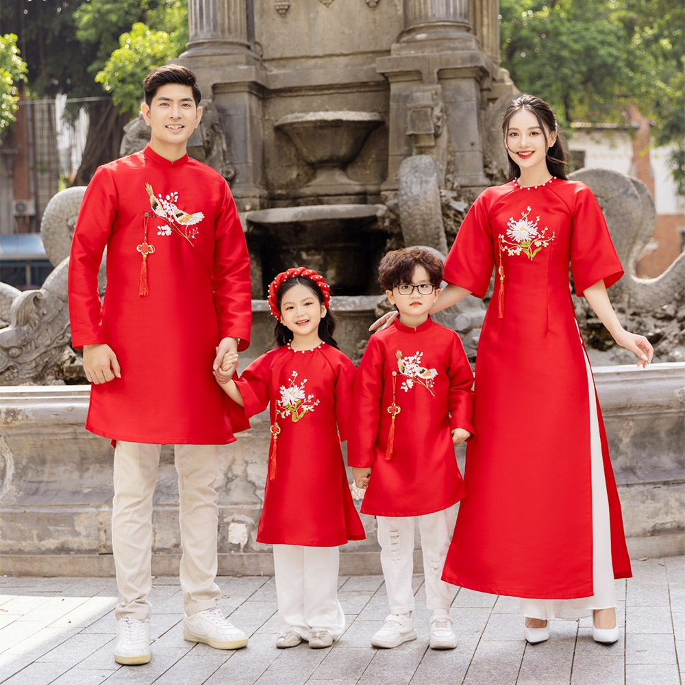 Áo dài bé trai thêu kết ruy băng thủ công chim yến vải taffeta giữ form tốt mặc mát MamLa