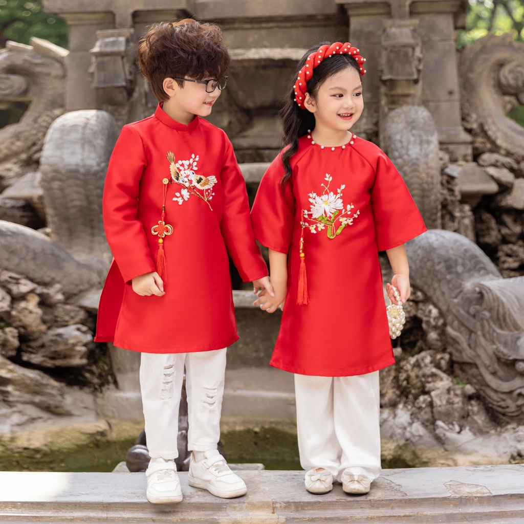Áo dài bé trai thêu kết ruy băng thủ công chim yến vải taffeta giữ form tốt mặc mát MamLa