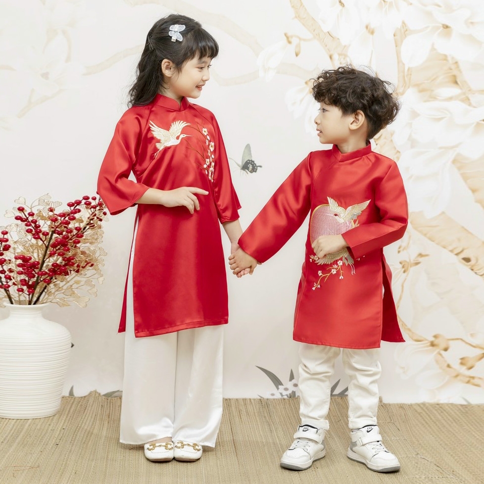 Áo dài bé trai truyền thống thêu chim hạc trường thọ vải taffeta loại 1 mặc mát MamLa