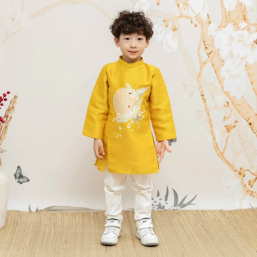 Áo dài bé trai truyền thống thêu chim hạc trường thọ vải taffeta loại 1 mặc mát MamLa