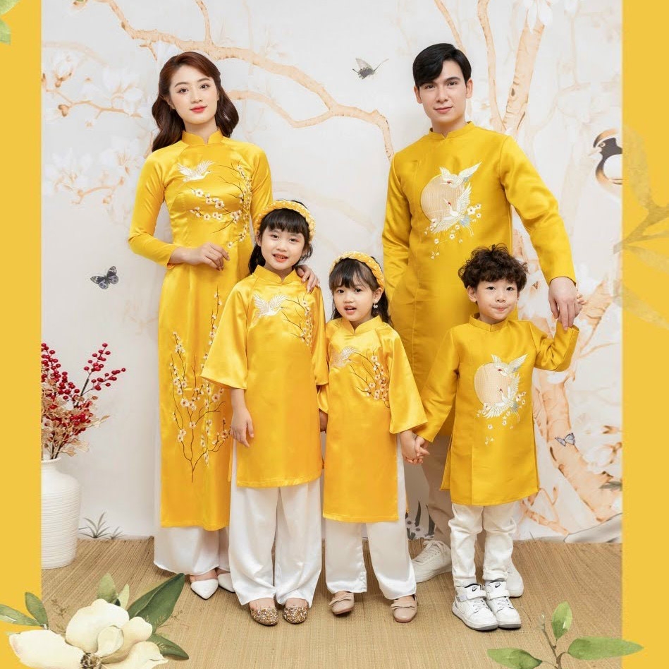 Áo dài bé trai truyền thống thêu chim hạc trường thọ vải taffeta loại 1 mặc mát MamLa