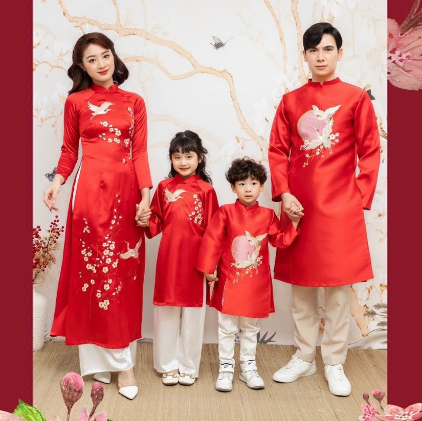 Áo dài bé trai truyền thống thêu chim hạc trường thọ vải taffeta loại 1 mặc mát MamLa