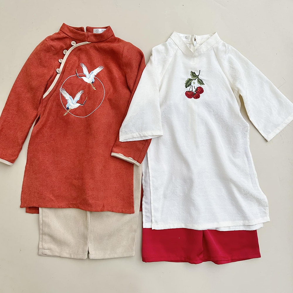 Áo dài bé trai thêu hạc màu cam đất chất nhung tăm mềm mịn nhẹ kèm quần baggy MamLa CC196