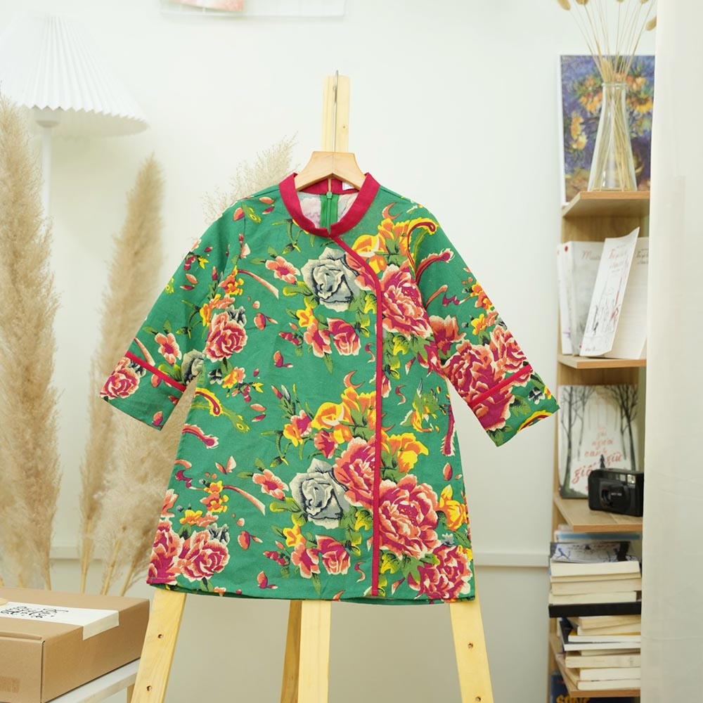 Áo dài chăn công cặp bé trai bé gái vải linen mịn đẹp họa tiết tấm trải bàn cổ truyền MamLa Rio194