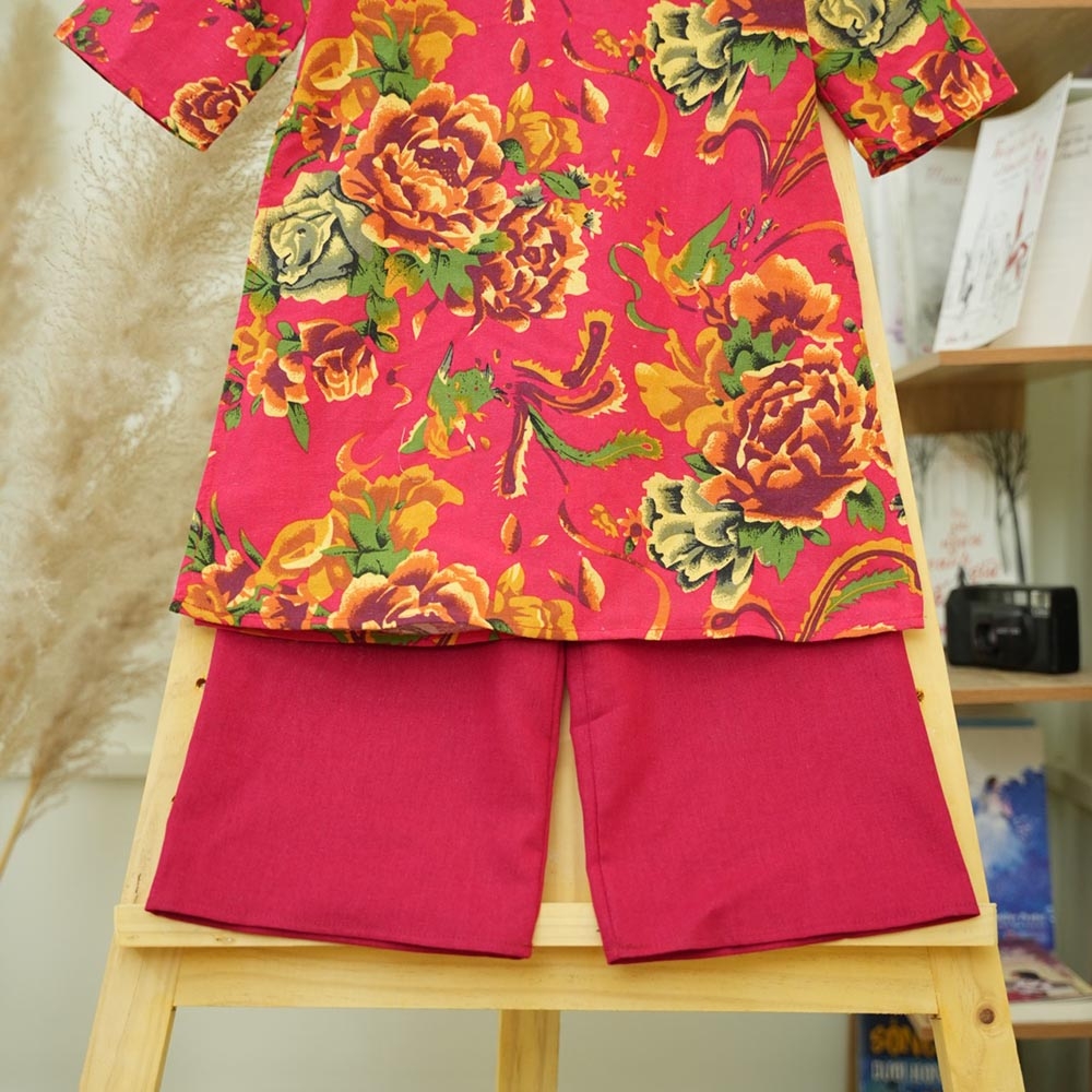 Áo dài chăn công cặp bé trai bé gái vải linen mịn đẹp họa tiết tấm trải bàn cổ truyền MamLa Rio194