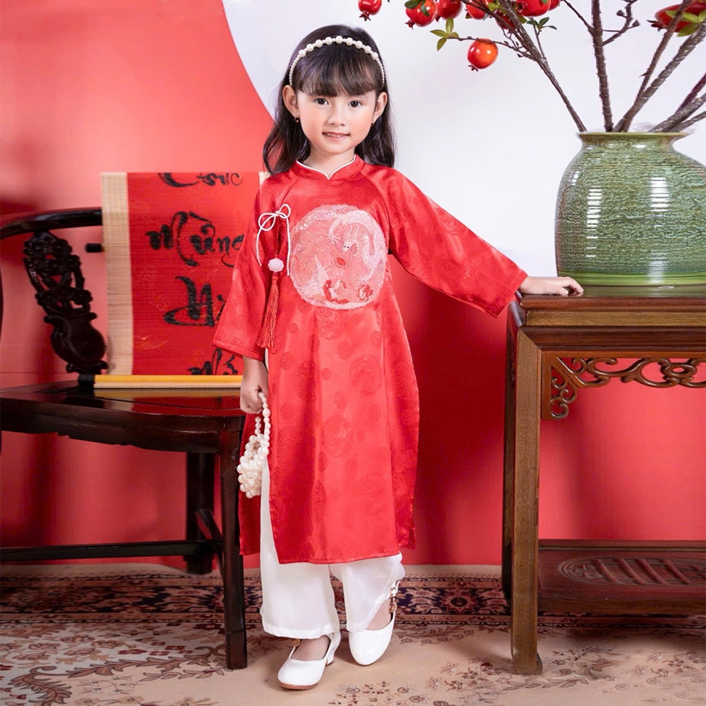 Áo dài đôi bé trai bé gái mặc cặp thêu hình long phượng chất gấm Hàn mềm màu đỏ truyền thống cực xinh MamLa OL199