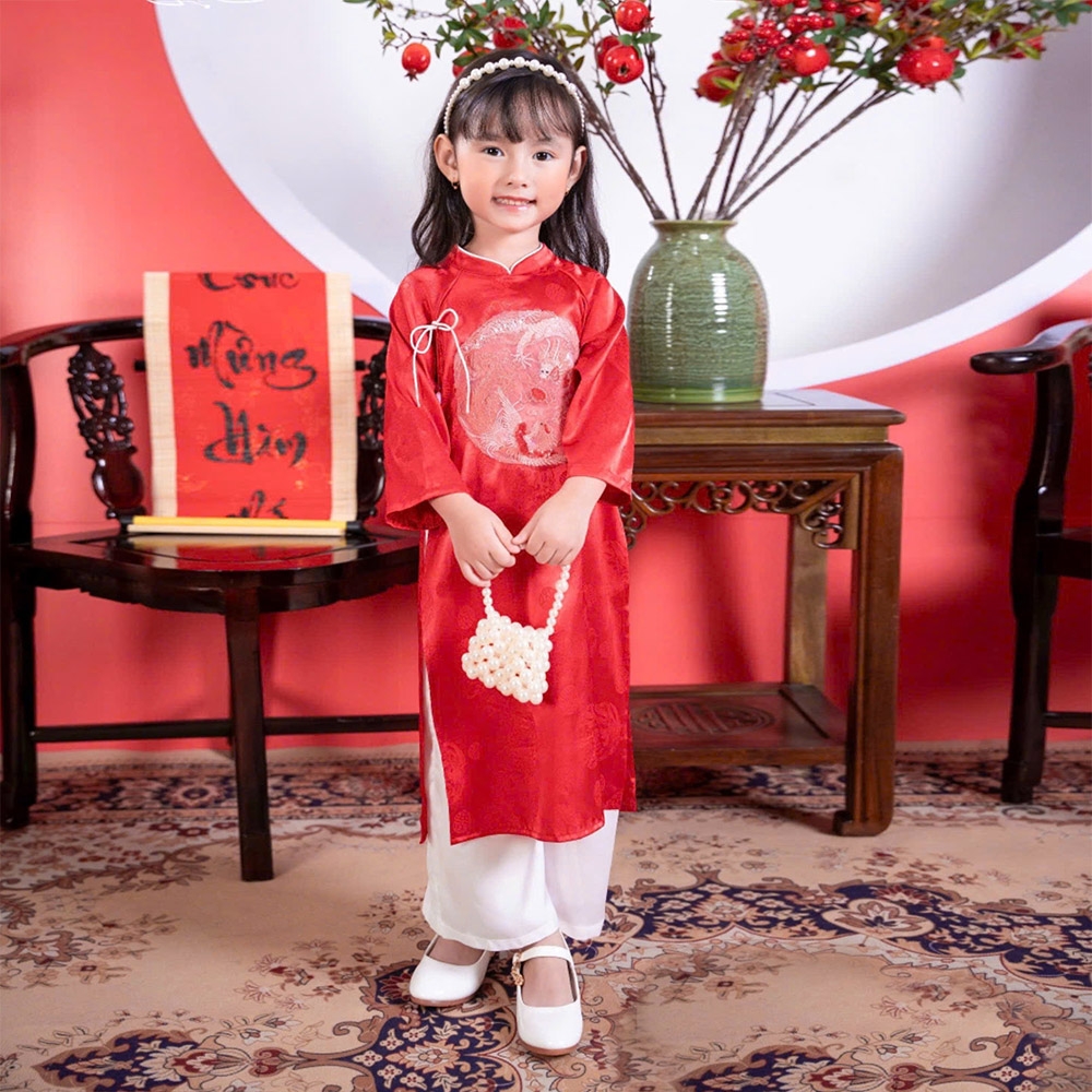 Áo dài đôi bé trai bé gái mặc cặp thêu hình long phượng chất gấm Hàn mềm màu đỏ truyền thống cực xinh MamLa OL199