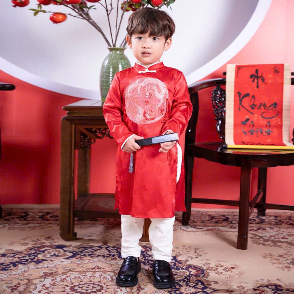 Áo dài đôi bé trai bé gái mặc cặp thêu hình long phượng chất gấm Hàn mềm màu đỏ truyền thống cực xinh MamLa OL199