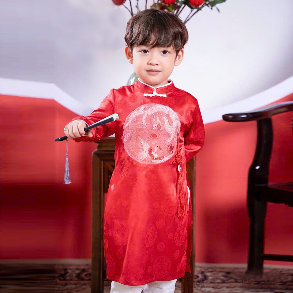 Áo dài đôi bé trai bé gái mặc cặp thêu hình long phượng chất gấm Hàn mềm màu đỏ truyền thống cực xinh MamLa OL199