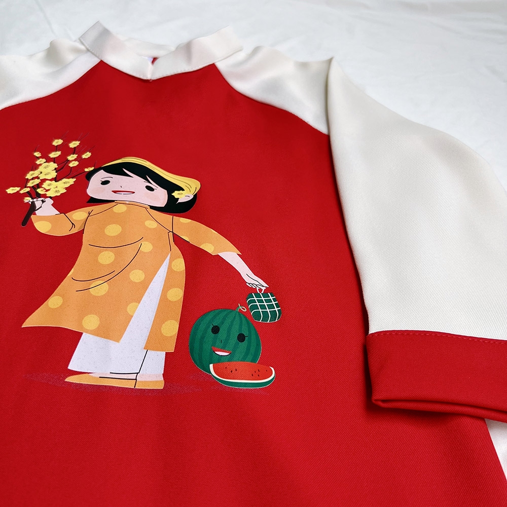 Áo dài đôi Bé Trai Bé Gái mặc cặp vải lụa chéo mềm màu đỏ in hình em bé Tết kèm quần suông MamLa TC204