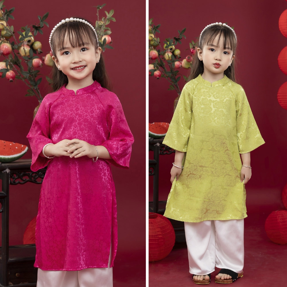 Áo dài truyền thống bé gái chất lụa in hoa nổi mềm mát Set áo kèm quần lụa và bờm ngọc siêu xinh MamLa