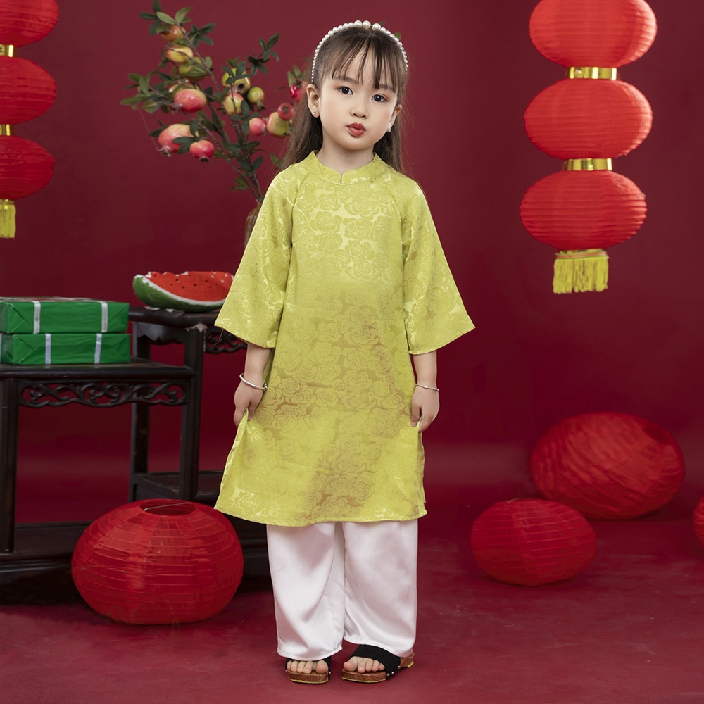 Áo dài truyền thống bé gái chất lụa in hoa nổi mềm mát Set áo kèm quần lụa và bờm ngọc siêu xinh MamLa