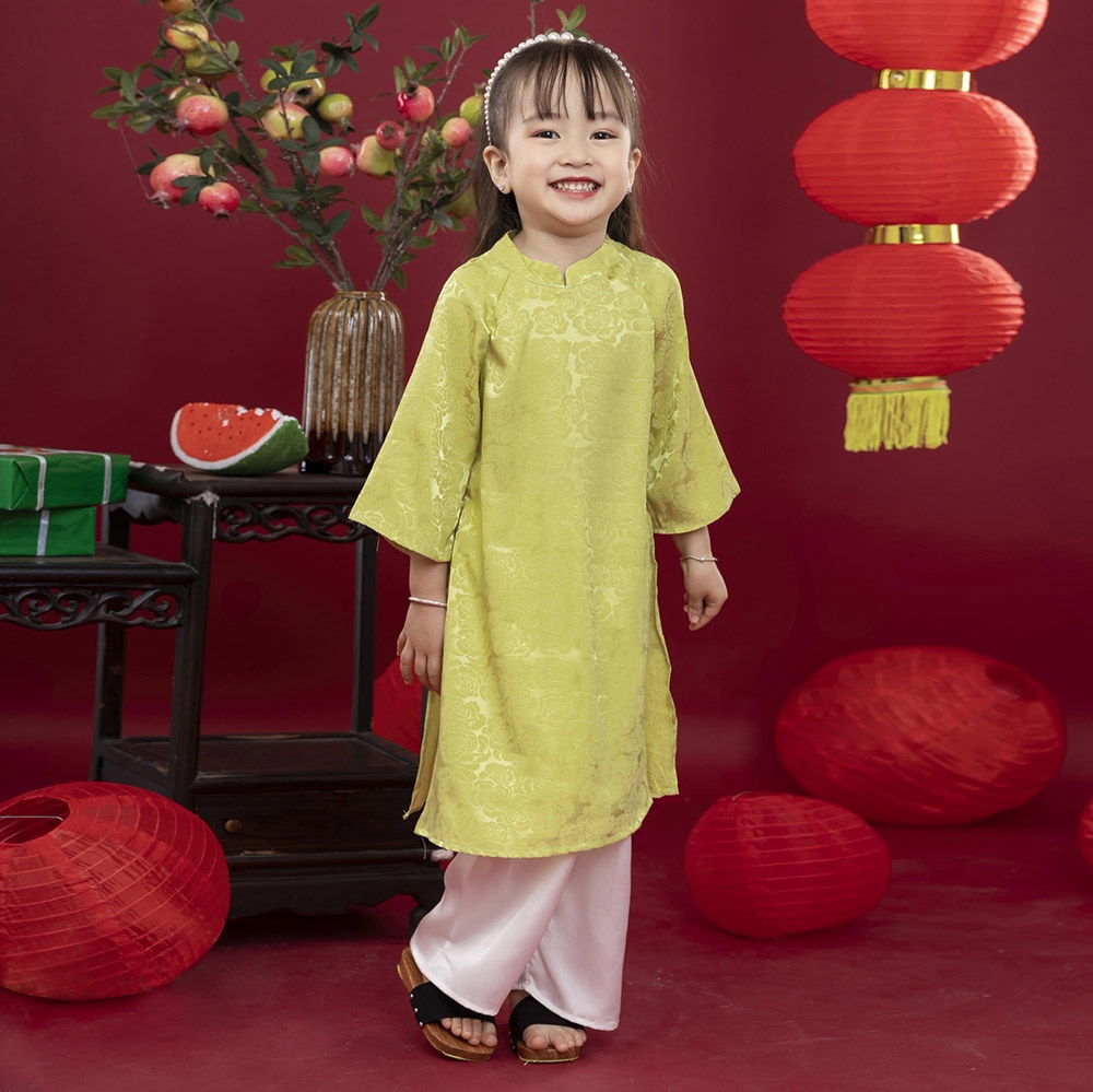 Áo dài truyền thống bé gái chất lụa in hoa nổi mềm mát Set áo kèm quần lụa và bờm ngọc siêu xinh MamLa