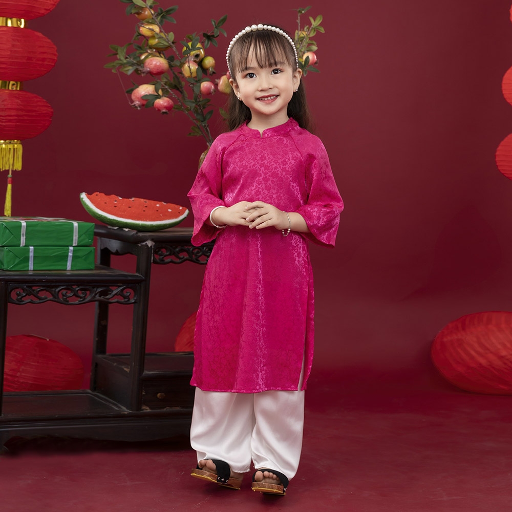 Áo dài truyền thống bé gái chất lụa in hoa nổi mềm mát Set áo kèm quần lụa và bờm ngọc siêu xinh MamLa