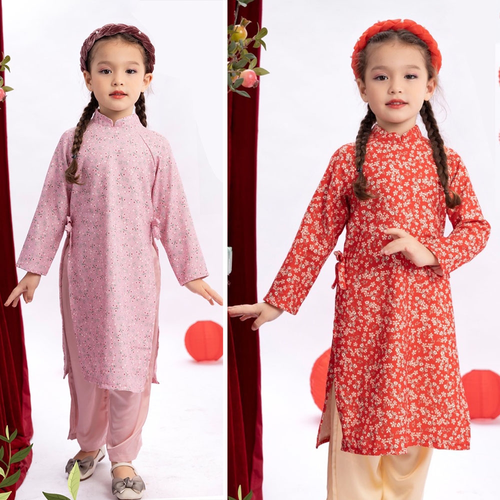 Áo dài truyền thống bé gái hoa nhí đính nơ eo kèm quần lụa cực xinh có TẶNG bờm nhung MamLa