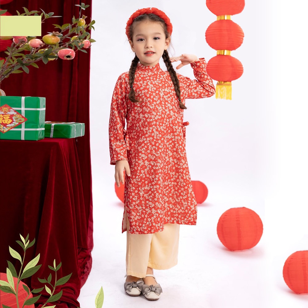 Áo dài truyền thống bé gái hoa nhí đính nơ eo kèm quần lụa cực xinh có TẶNG bờm nhung MamLa