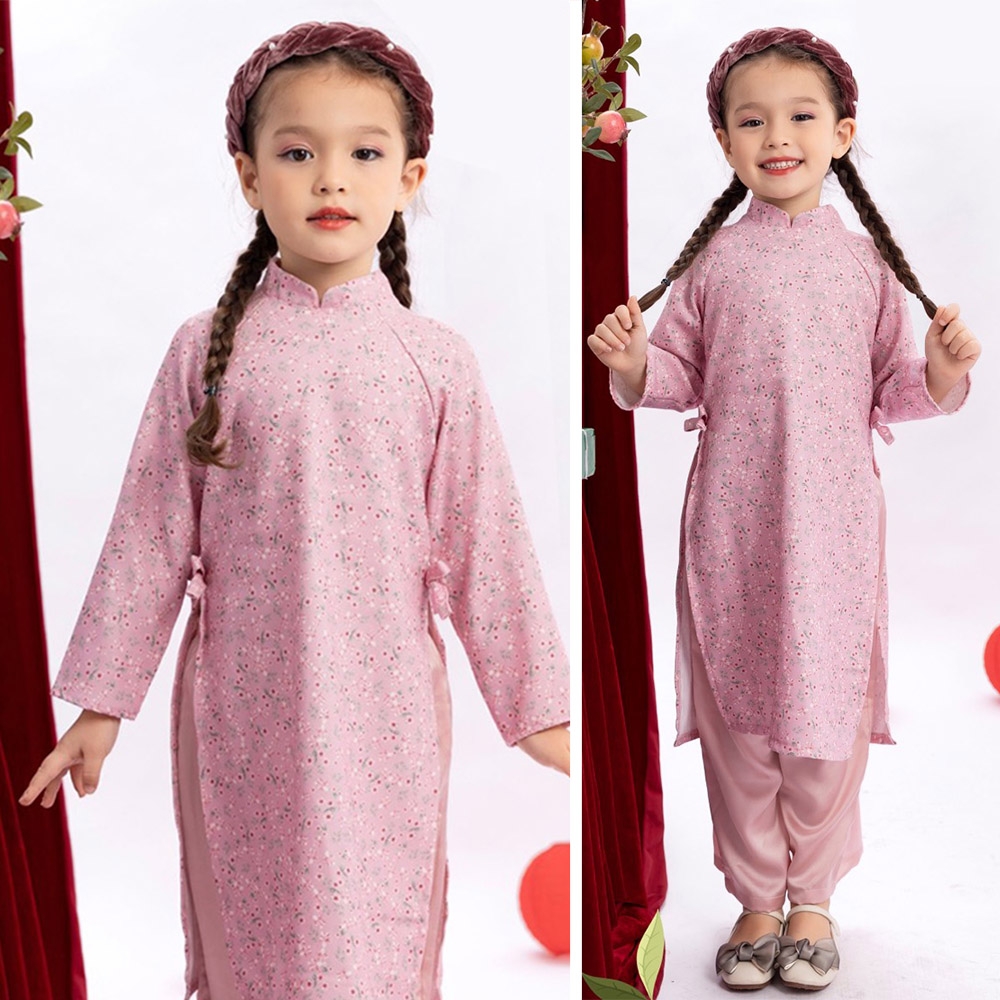 Áo dài truyền thống bé gái hoa nhí đính nơ eo kèm quần lụa cực xinh có TẶNG bờm nhung MamLa