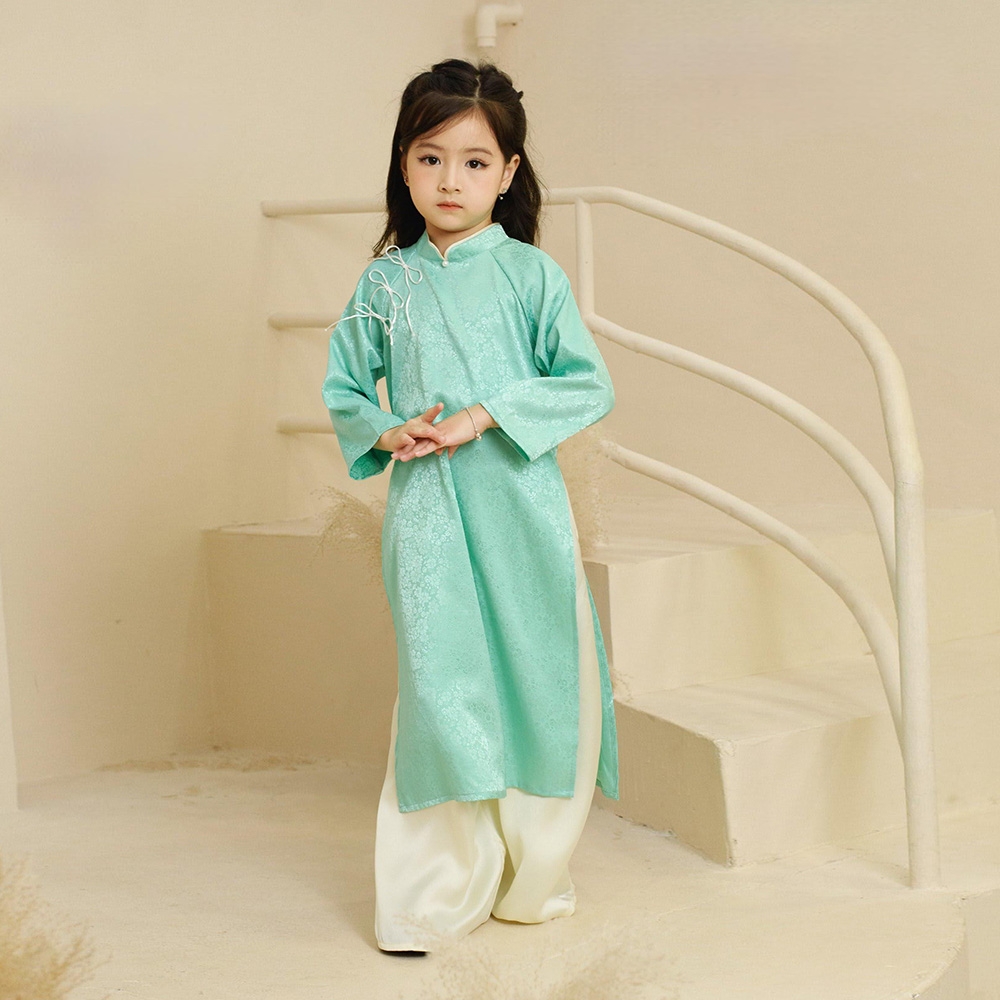 Áo dài truyền thống bé gái lụa gấm điểm nhấn cột nơ kèm quần satin dáng suông cực xinh MamLa