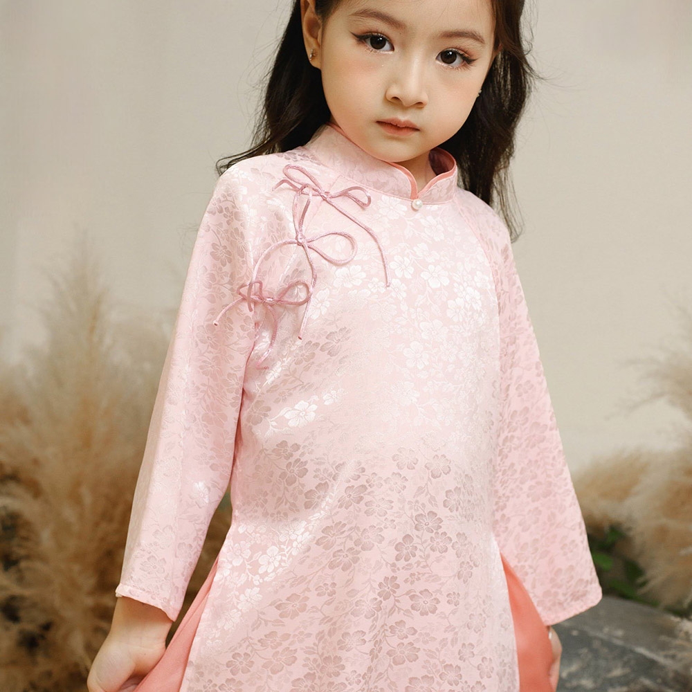 Áo dài truyền thống bé gái lụa gấm điểm nhấn cột nơ kèm quần satin dáng suông cực xinh MamLa
