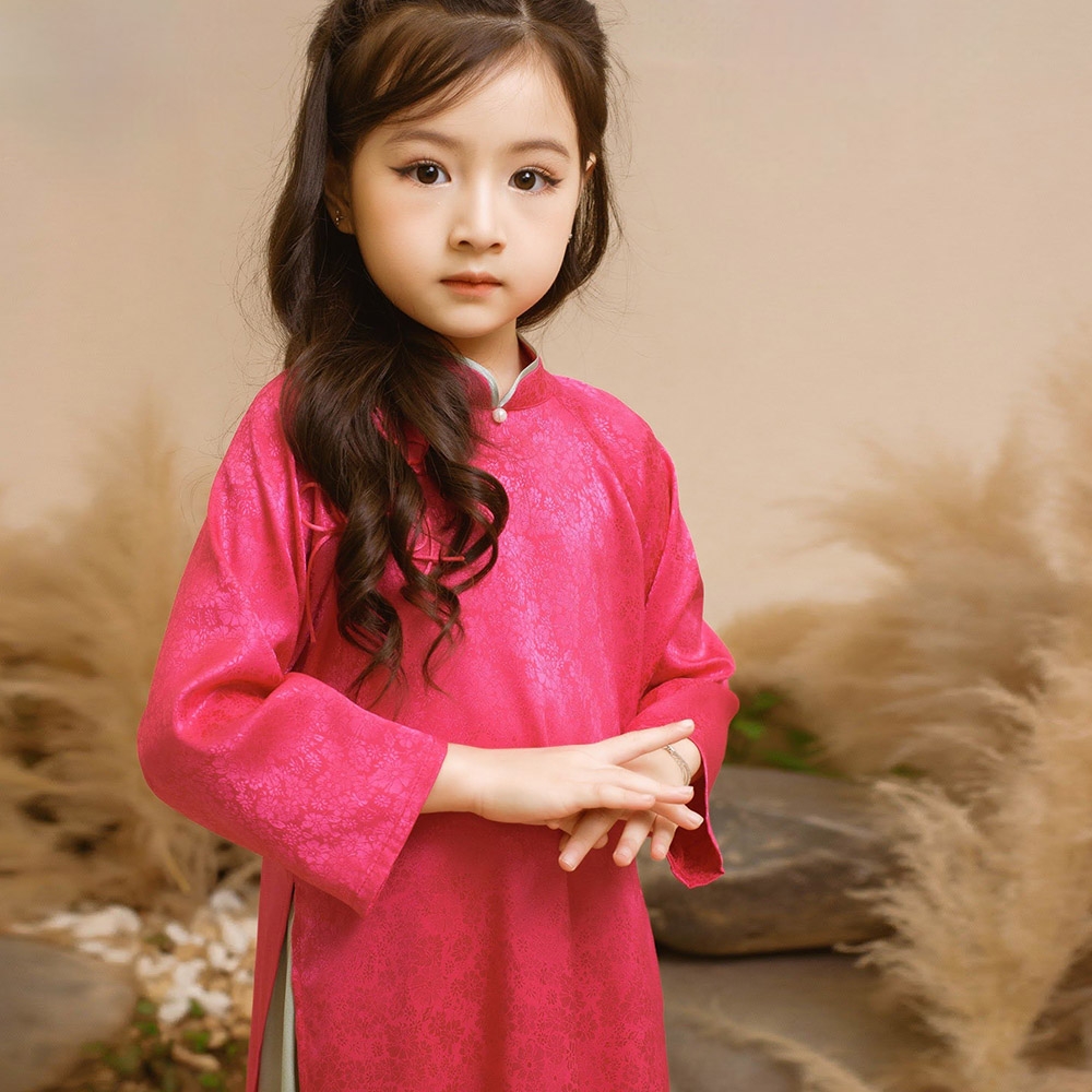 Áo dài truyền thống bé gái lụa gấm điểm nhấn cột nơ kèm quần satin dáng suông cực xinh MamLa