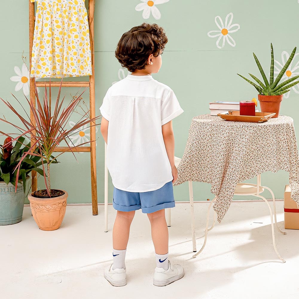 Áo sơ mi bé trai trắng cổ Tàu chất linen đũi mềm mịn mát MamLa