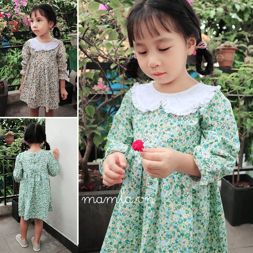 Đầm babydoll hoa nhí cổ V tay dài KK111-12 | Thời trang công sở K&K Fashion