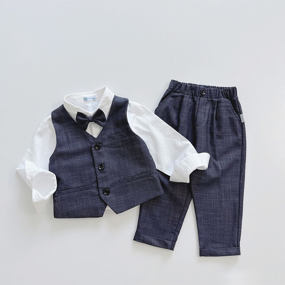 Set Gile bé trai 4 chi kết hợp sơ mi trắng nơ cổ công tử vải mềm mịn hàng thiết kế MamLa LB203