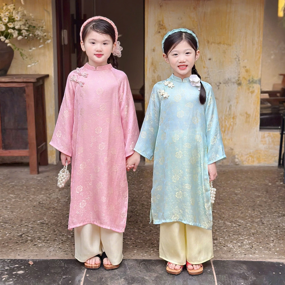 Bộ áo dài bé gái lụa gấm tơ tầm mềm mát Nha Xá áo kèm quần MamLa CC208