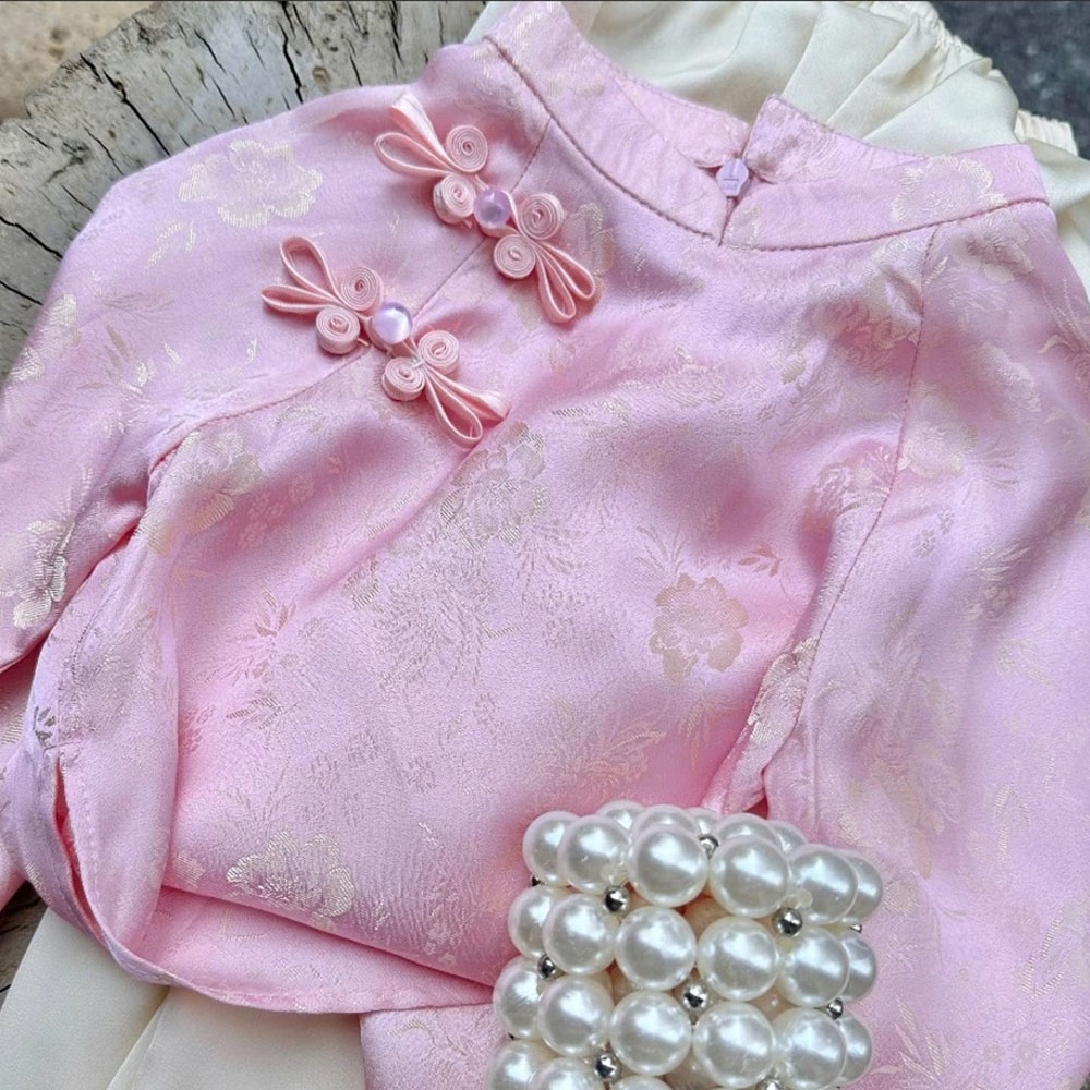 Bộ áo dài bé gái lụa gấm tơ tầm mềm mát Nha Xá áo kèm quần MamLa CC208