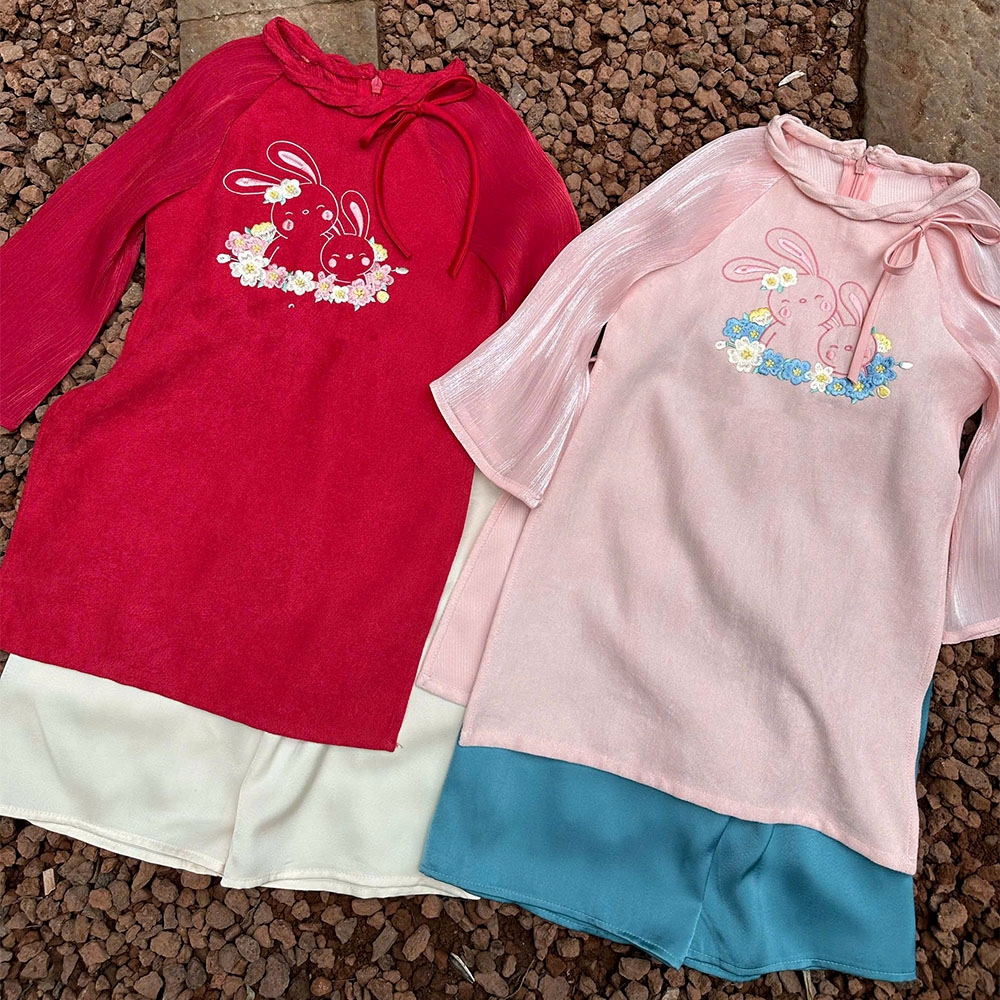 Bộ áo dài bé gái nhung tăm mềm mịn thêu Thỏ Ngọc áo kèm quần MamLa CC211