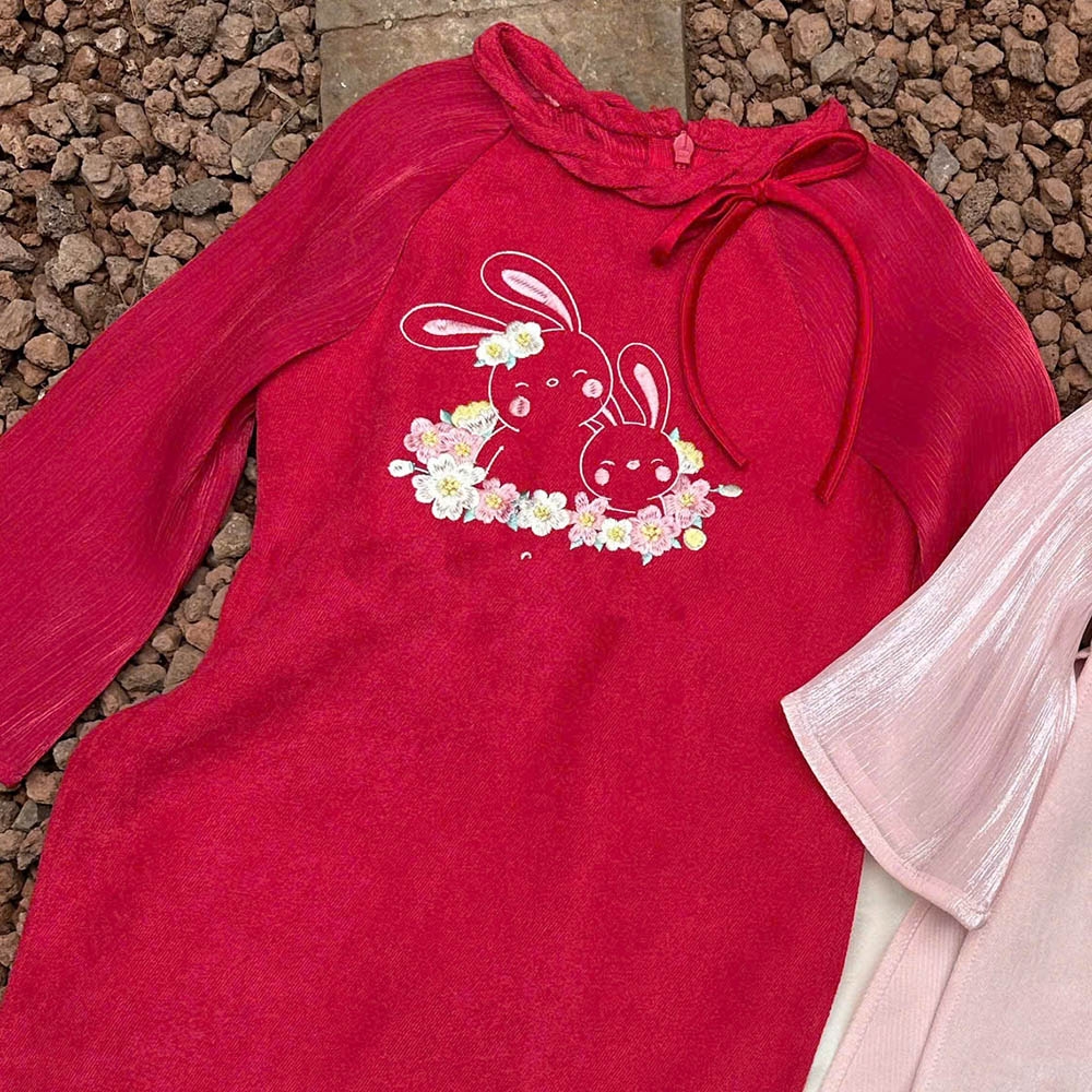 Bộ áo dài bé gái nhung tăm mềm mịn thêu Thỏ Ngọc áo kèm quần MamLa CC211