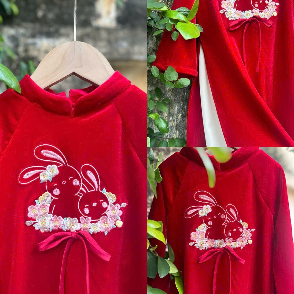 Bộ áo dài bé gái nhung the truyền thống mềm mịn thêu Thỏ Ngọc áo kèm quần MamLa CC211