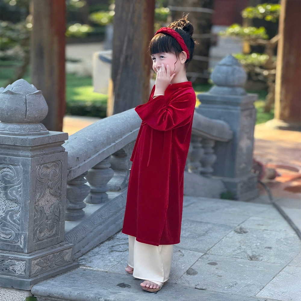 Bộ áo dài bé gái nhung the truyền thống mềm mịn thêu Thỏ Ngọc áo kèm quần MamLa CC211