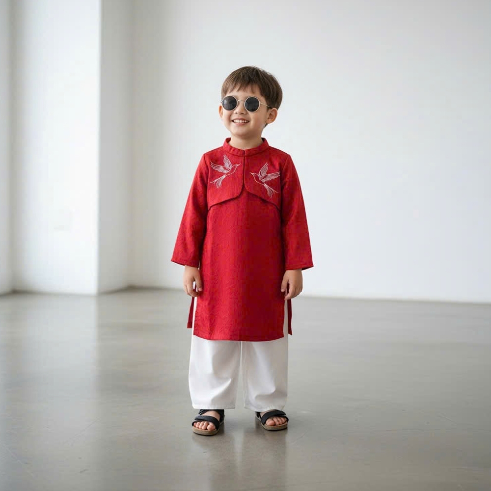 Bộ áo dài bé trai màu đỏ thêu chim én chất lụa Dubai mịn mát áo kèm quần MamLa CC210