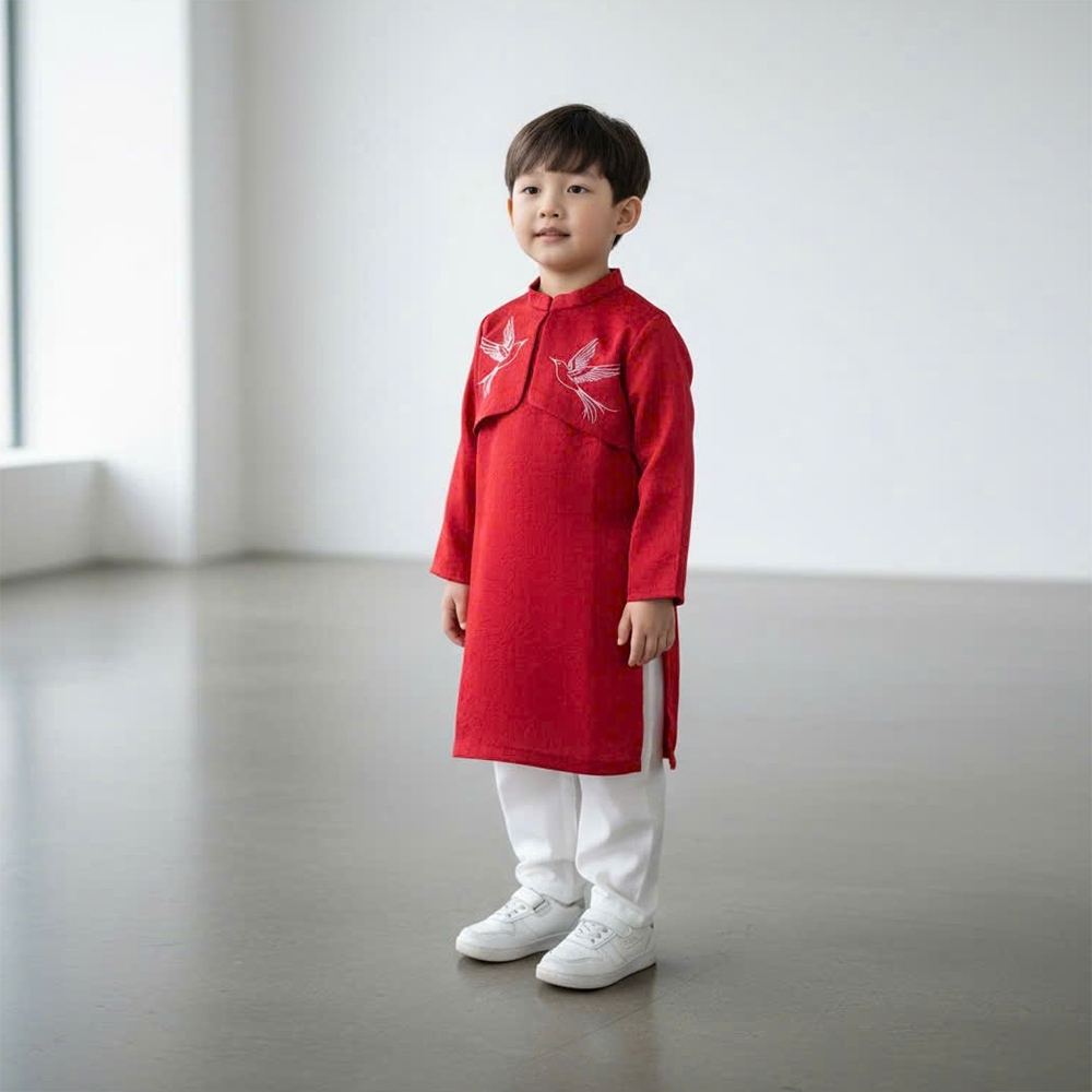 Bộ áo dài bé trai màu đỏ thêu chim én chất lụa Dubai mịn mát áo kèm quần MamLa CC210