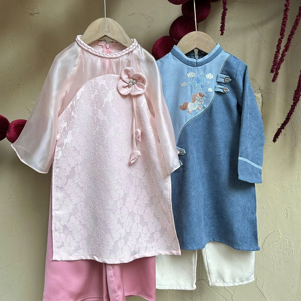 Bộ áo dài bé trai xanh dương thêu hình ngựa nhung tăm mịn nhẹ áo kèm quần MamLa CC207