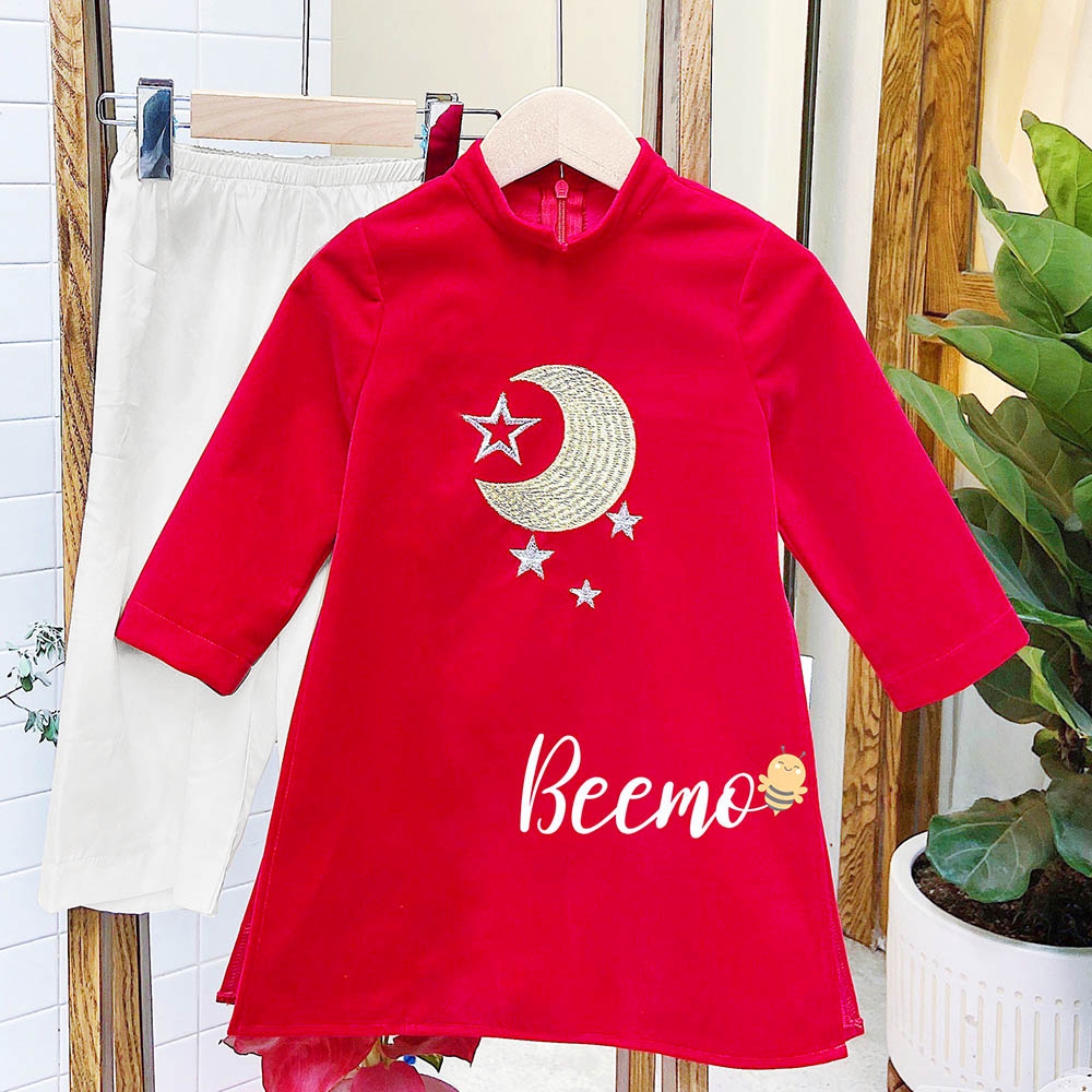 Set áo dài cho bé trai kèm quần áo bé gái kèm váy cách tân thêu trăng sao màu đỏ Tết Beemo MamLa