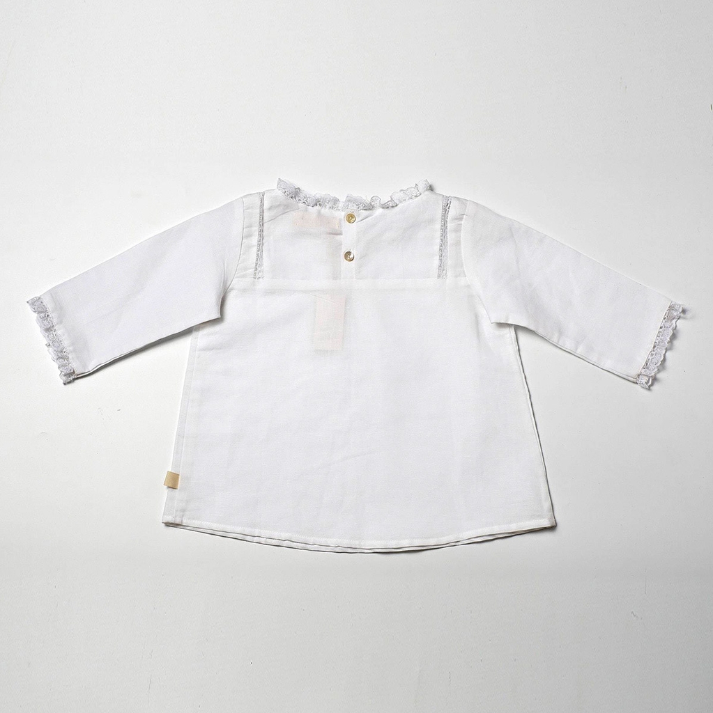 Áo bé gái tay lỡ Poppy linen mỏng mát màu trắng MamLa