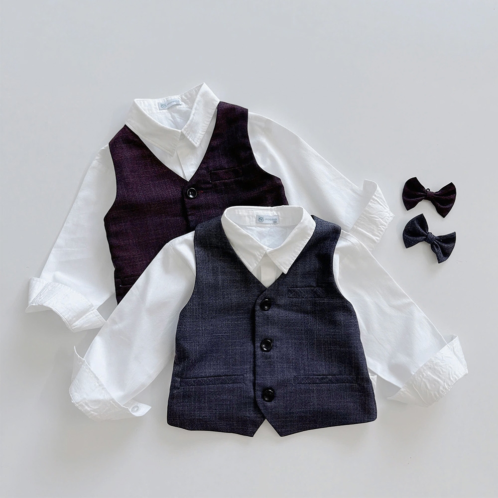 Set Gile bé trai 4 chi kết hợp sơ mi trắng nơ cổ công tử vải mềm mịn hàng thiết kế MamLa LB203