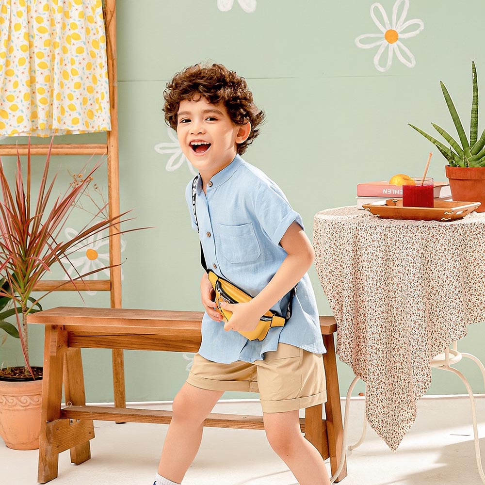 Áo sơ mi bé trai xanh dương cổ Tàu chất linen đũi mềm mịn mát MamLa