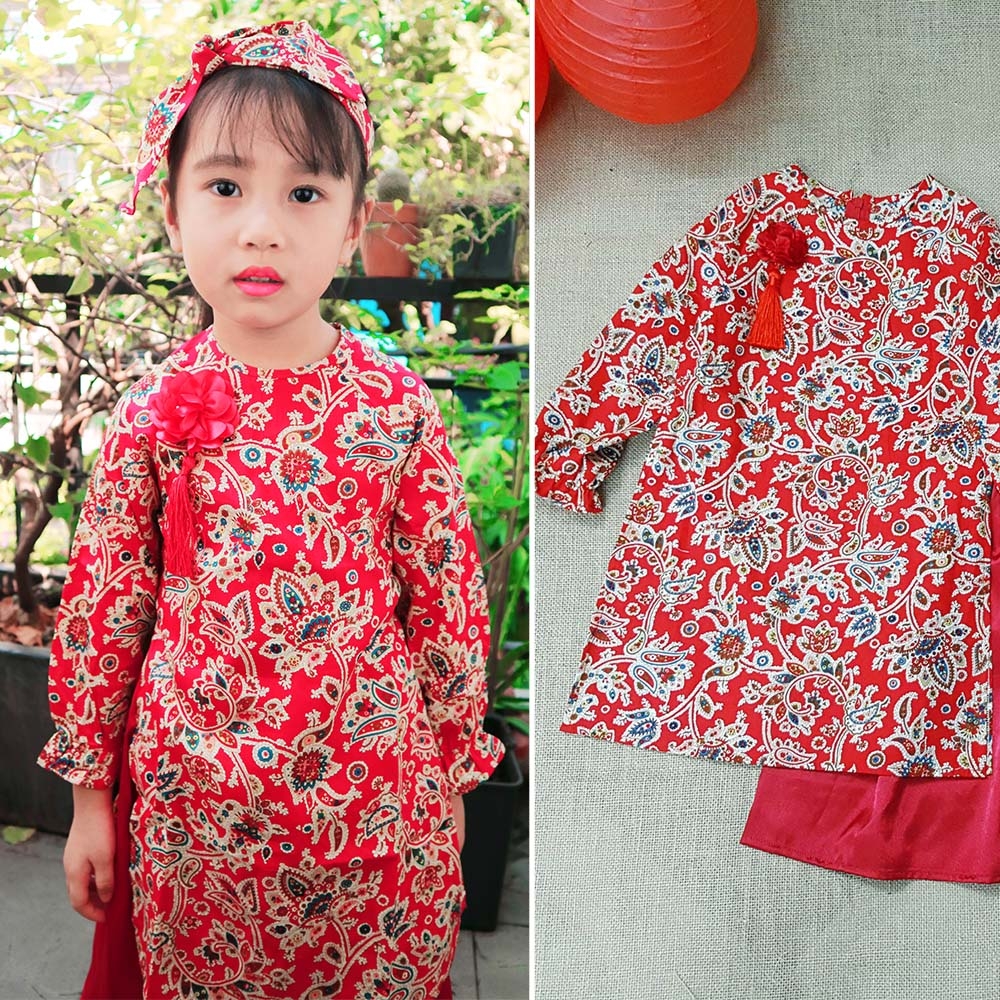 Áo dài cách tân cho bé gái, có ba màu vàng, hồng sen , đỏ, cho bé từ ba đến  bảy tuổi, có váy ren không ngứa , có mấn | Shopee Việt Nam