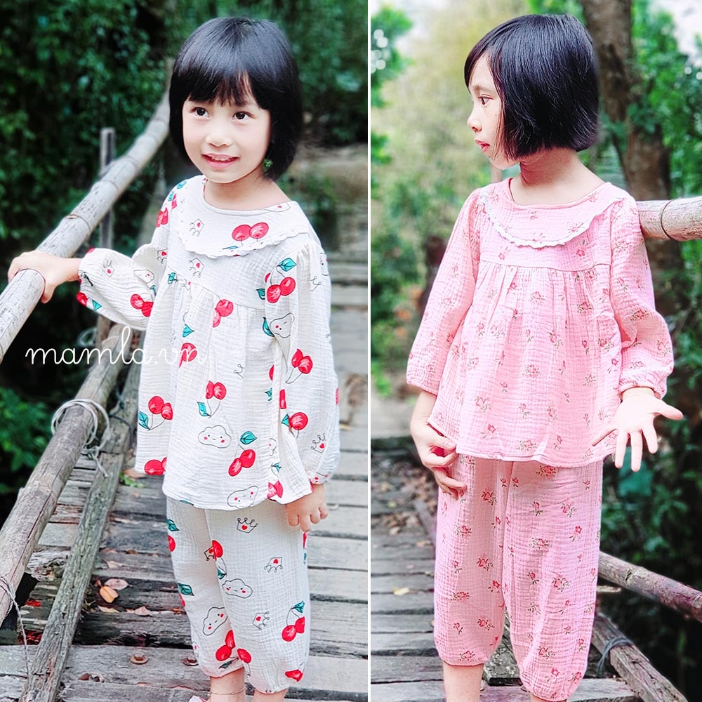 Bộ dài tay hoa nhí cổ đính viền ren vải xô muslin cao cấp cho bé gái MamLa