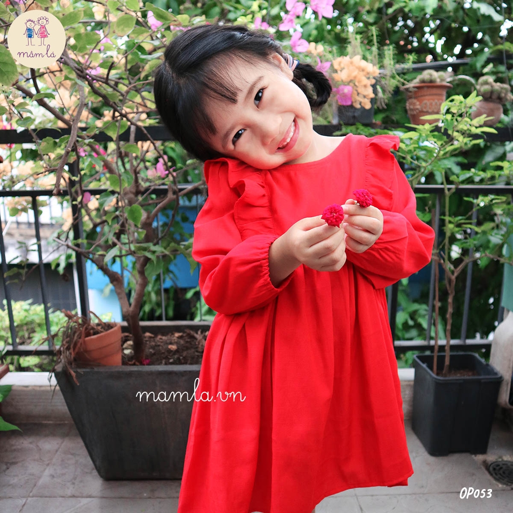 Váy đầm bé gái dài tay babydoll bèo màu đỏ cho MamLa
