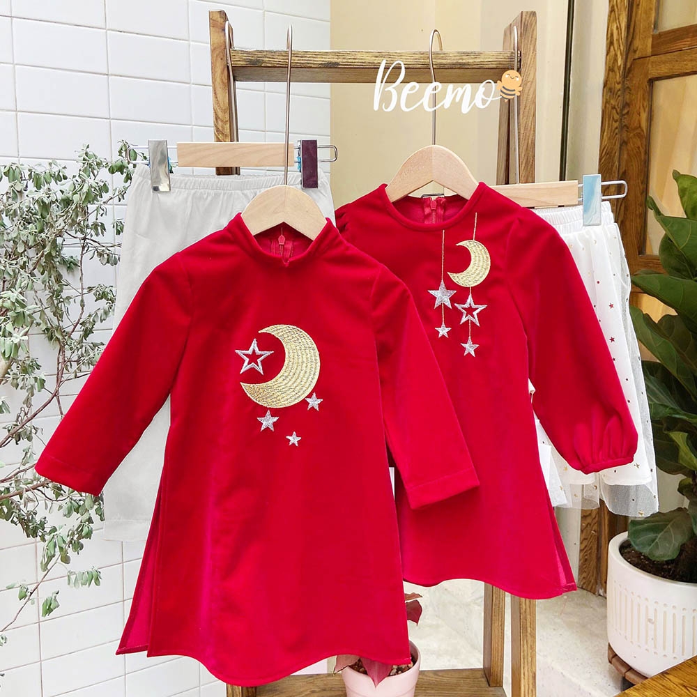 Set áo dài cho bé trai kèm quần áo bé gái kèm váy cách tân thêu trăng sao màu đỏ Tết Beemo MamLa