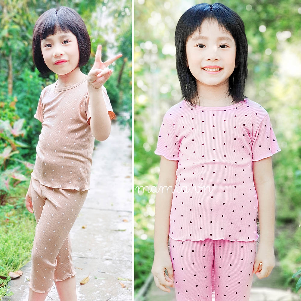 Đồ bộ bé gái chấm bi thun tăm gân lạnh quần áo trẻ em nhẹ nhàng tiện mặc MamLa
