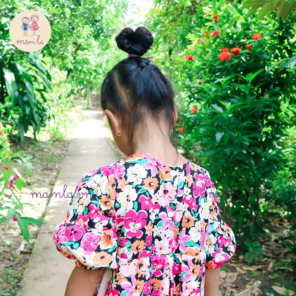Váy đầm bé gái cách tân hoa to tím tay lồng đèn siêu độc lạ cho bé gái MamLa