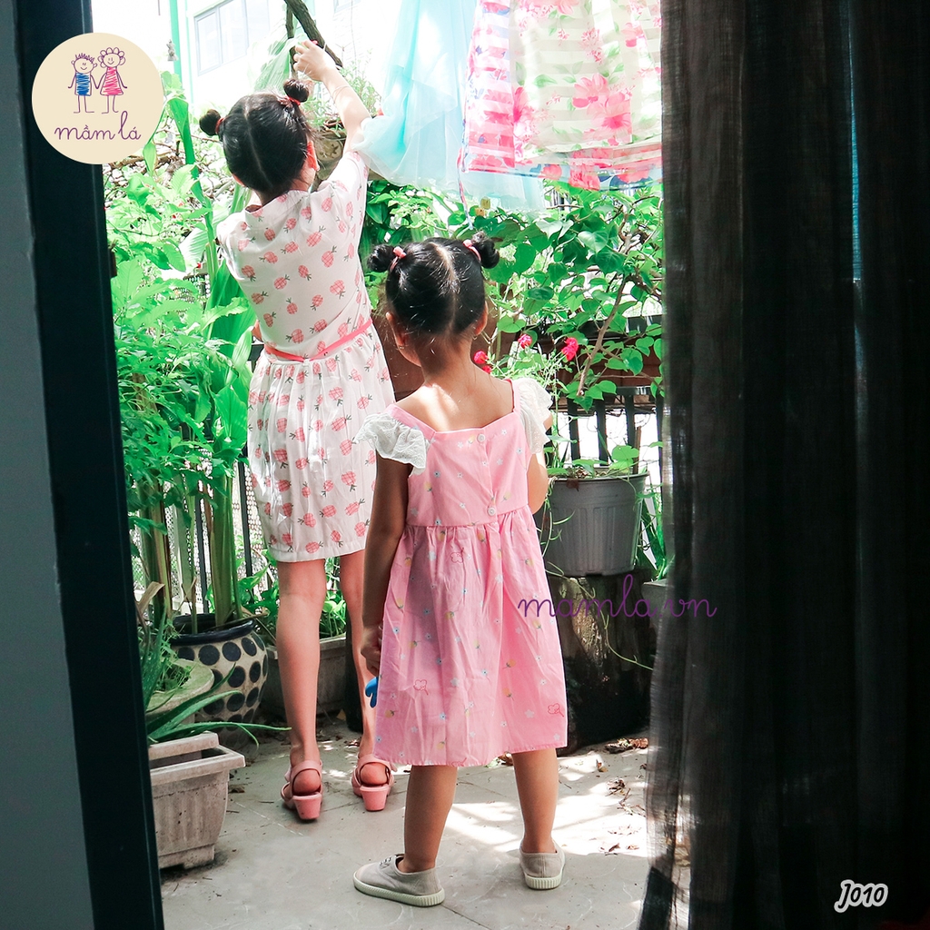 Váy đầm bé gái đầm hồng nơ trước họa tiết hoa nhỏ siêu dễ thương MamLa